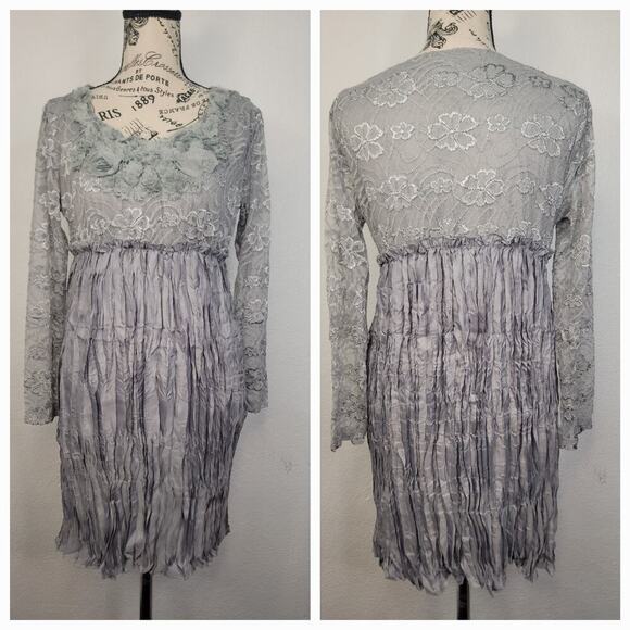 Pretty Angel Fairy Mini Dress Sz M Silk 3D Floral Crinkle Artsy Whimsycal Gray - Picture 1 of 10